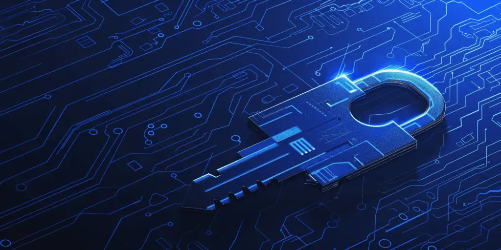 A representation of PKI and digital certificate with a key lying on a blue circuit board