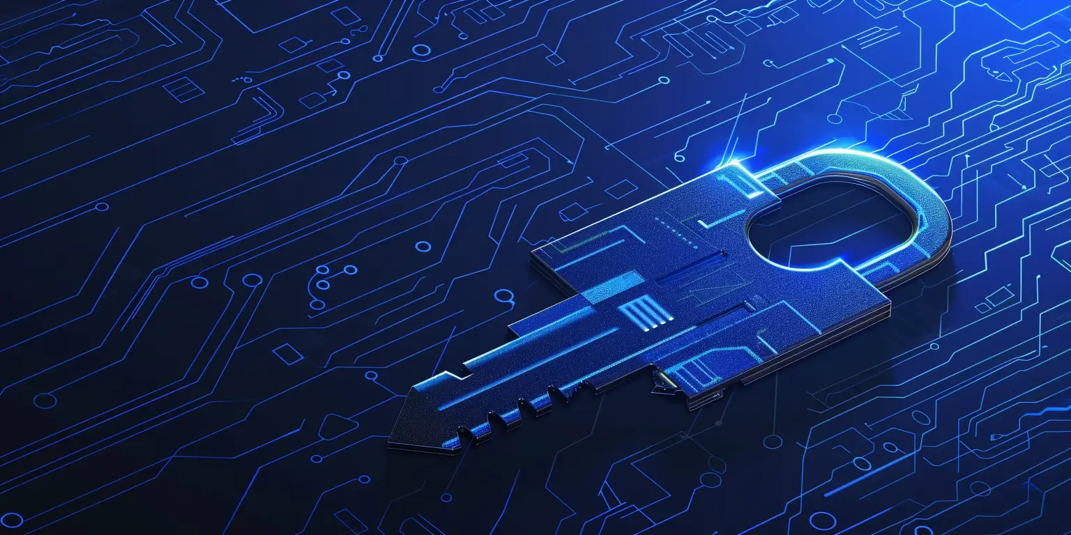 A representation of PKI and digital certificate with a key lying on a blue circuit board